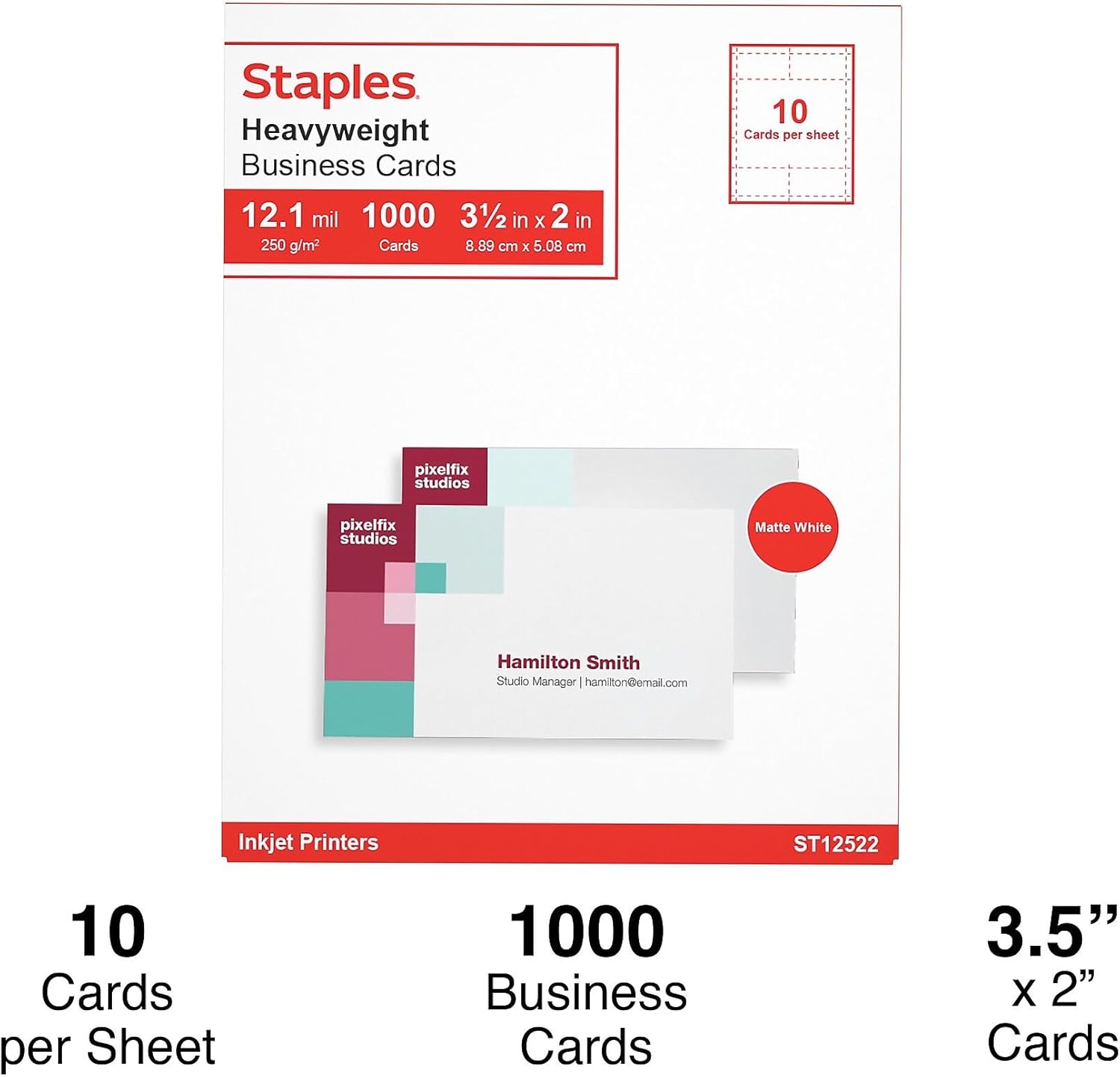 Staples Inkjet Business Cards 2-Inch X 3 1/2-Inch Matte White 1000/Cards, For Office, School & Home