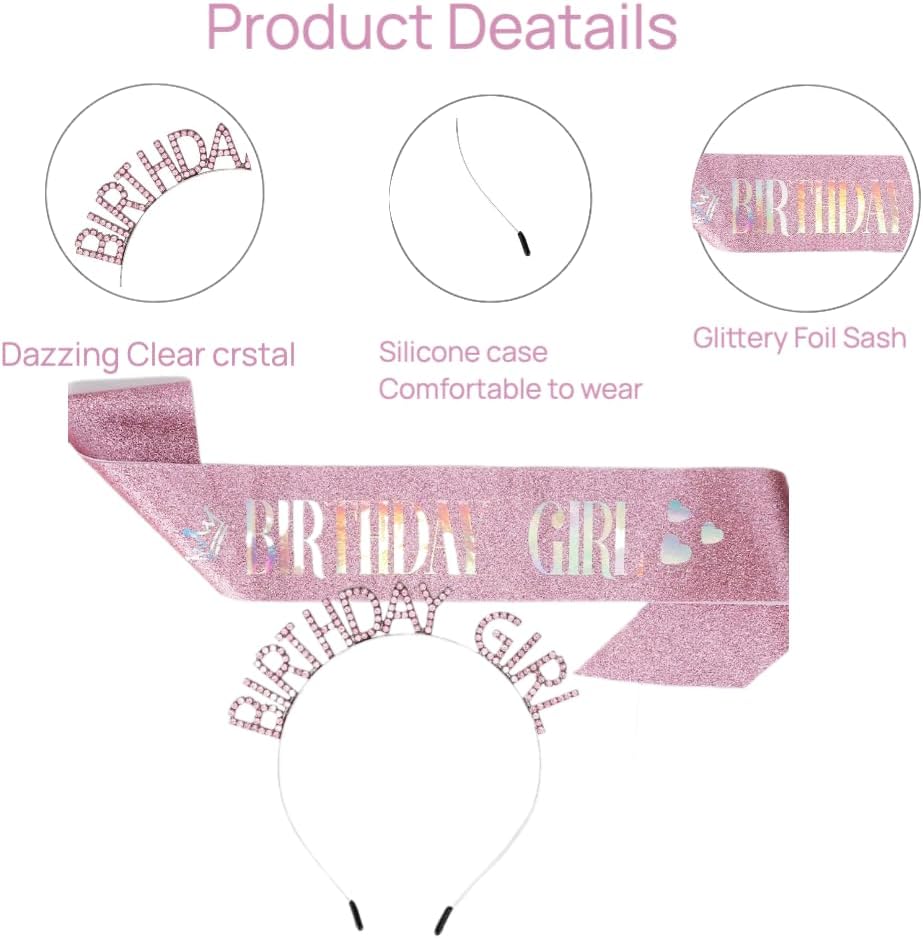 Birthday Girl Crown & Sash & Sunglass for Women Girl, Headband for Princess Happy Birthday Party Decorations Favors