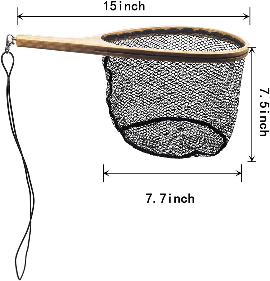 Small Wooden Frame Fly Fishing Landing Net With Soft Rubber Mesh for Trout Bass Catch and Release - Fishing Gear