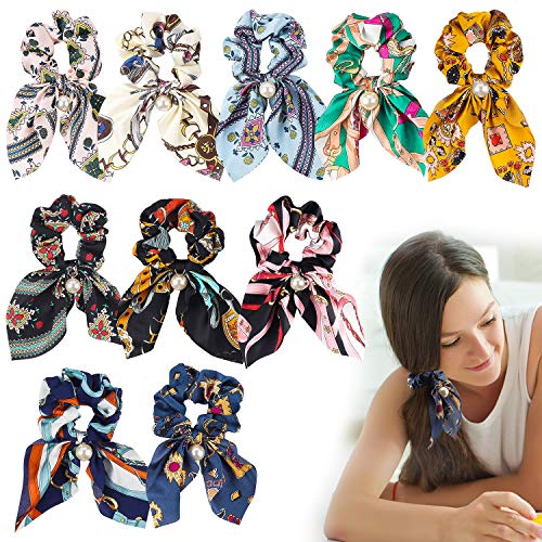 PANTIDE 10Pcs Hair Scrunchies Hair Ties Ponytail Holder-Chiffon Elastic Hair Bands with Bowknot Pearls Hair Accessories for Women