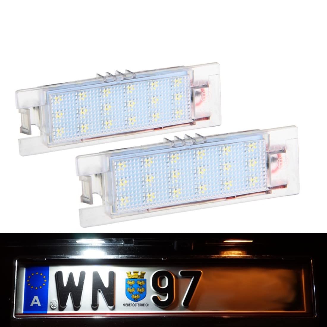 Oświetlenie tablicy rejestracyjnej LED kompatybilne z Adam Zafira B 2005-2011, Astra H 2004-2009, Corsa D 2006-2011, Insignia 2008-2013 ze znakiem kontrolnym E, optyka ksenonowa