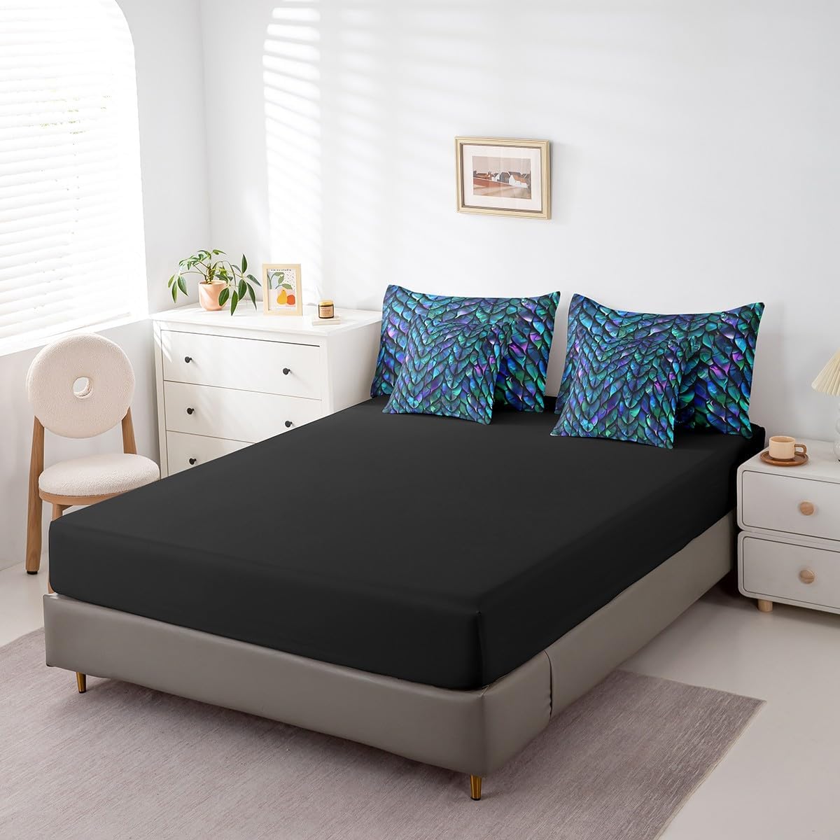 Erosebridal Dragon Scale Queen Comforter Set 7 Pieces Reversible Comforters Bed Set Bed in a Bag with Comforter,Wild Animal Skin Sheets,Pillowcases & Shams,Psychedelic Animal Hide Bedding Sets - Image 5