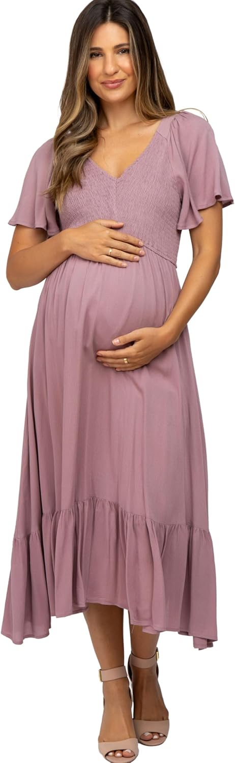 PinkBlush Smocked V-Neck Maternity Midi Dress