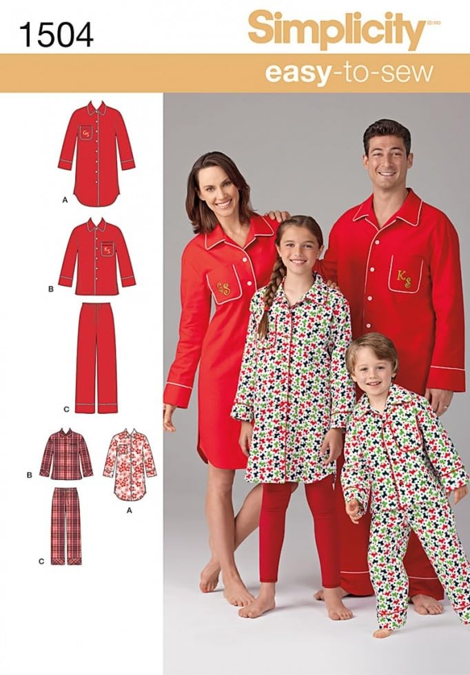 Simplicity 1504 Child's, Teen's and Adult's Matching Pajama Sewing Patterns, Children's Sizes XS-L and Adult's Sizes XS-XL