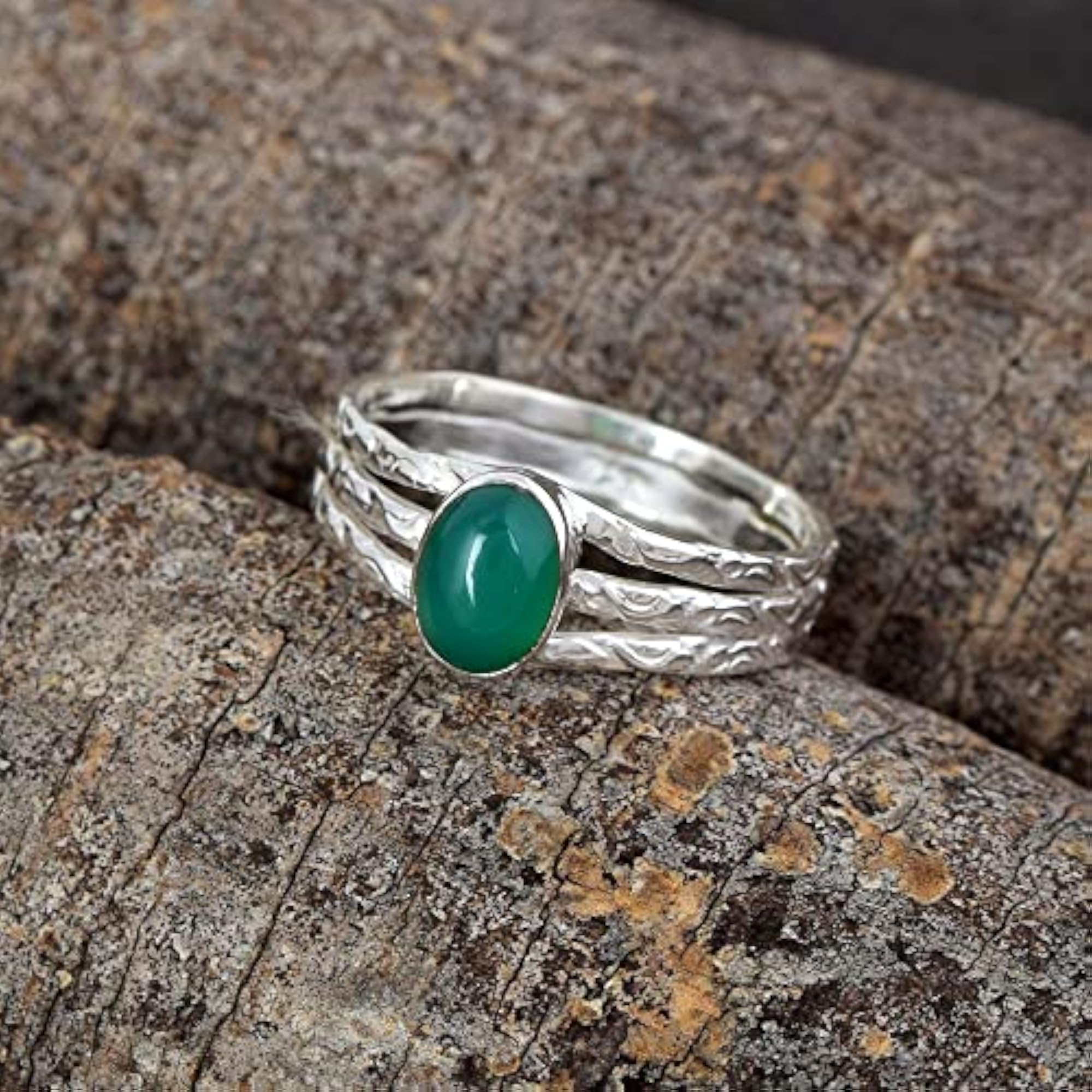Women's 925 Sterling Silver Green Onyx Oval Shape Engagement Ring