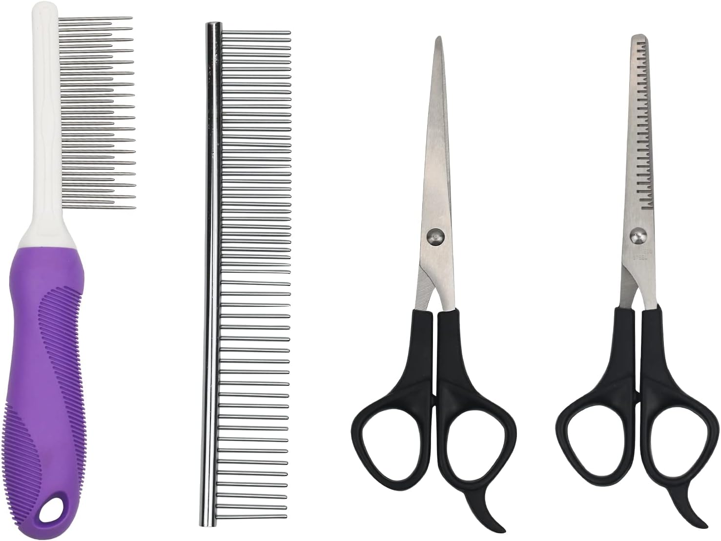 Detangling Comb for Dogs & Cats, Metal Pet Comb with Long and Short Teeth Stainless Steel Dog Detangler Comb Kit with Scissors for Matted Hair Remove Knots Tangles DIY Grooming (Purple)