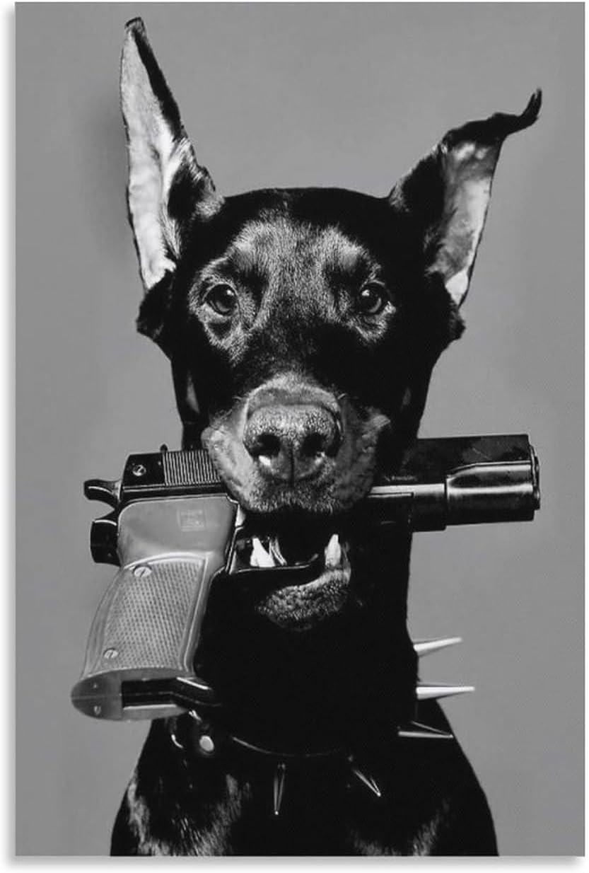 Modern Black White Doberman Gun Luxury Fashion Poster Dog