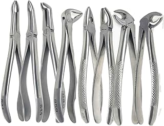 A2Z Set of 8 Premium Grade Dental Extracting Extraction Forceps with Serrated Jaws Used to Extract Upper Lower Right Left 1st 2nd Molars from The Alveolar Bone, Made of Stainless Steel