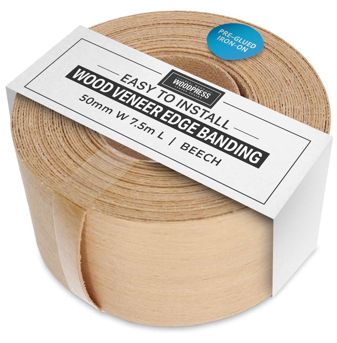 Woodpress Natural Wood 50Mm Real Beech Edging Tape - 7.5M Iron On Edging Strip - Pre-Glued Wood Veneer Edging Tape For Diy Application - Edge Banding For Furniture Restoration - Hot-Melt Adhesive Wood Trim Edging