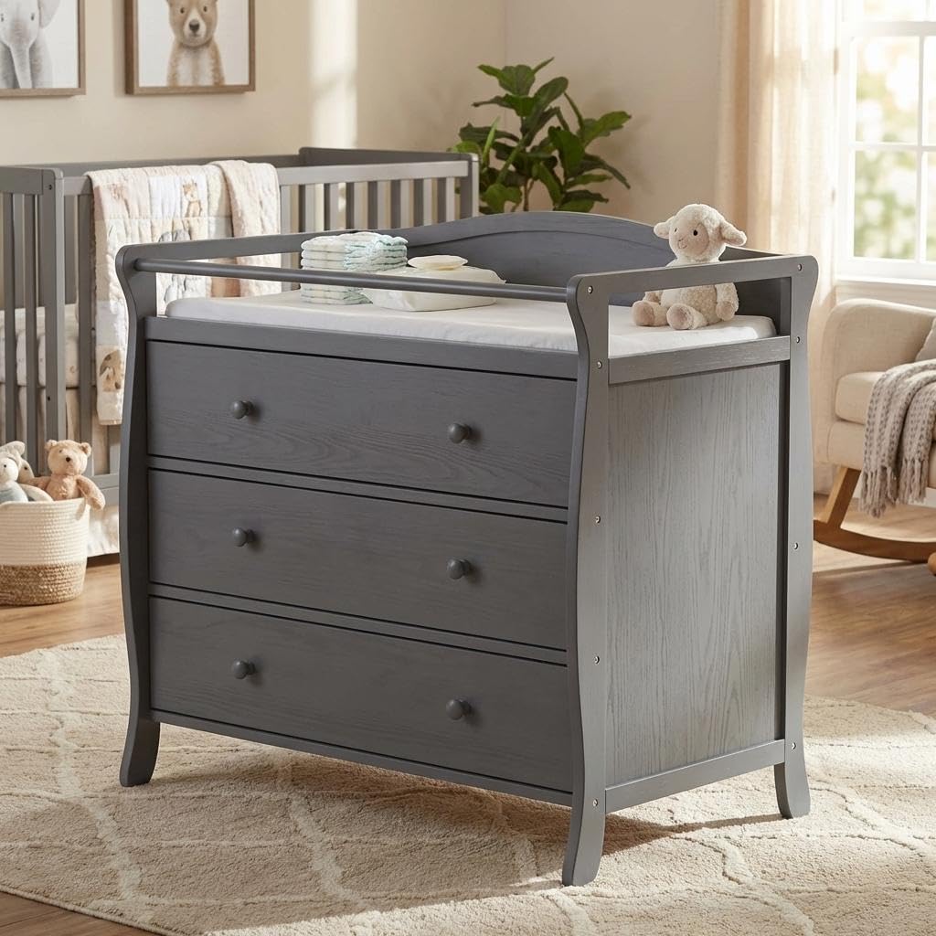 Wooden Diaper Changing Table,Baby Diaper Changing Station Infant Nursing Table with 3 Drawers, Safety Rail & Strap,Modern Baby Changing Table for Bedroom, Nursery