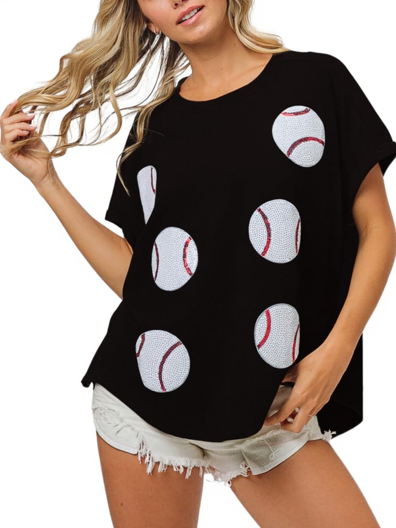 Maglietta da donna con paillettes luccicanti da baseball, maglietta a girocollo oversize a maniche corte lavate