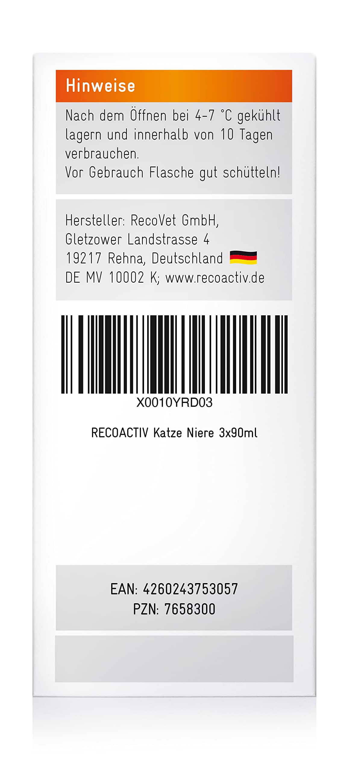 RECOACTIV Nieren Tonicum Katze – sehr schmackhaft, wenig Phosphor, hochverdauliche Proteine in Lebensmittelqualität. Entlastung der Nierenfunktion, regt Appetit an, ideal für Senioren, flüssig 3x90 ml