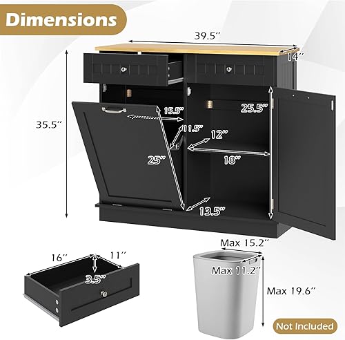 Miniatura 3 de Armario de basura inclinable, isla de cocina con 2 cajones y estante ajustable, encimera de madera de goma, cesta de lavandería independiente,