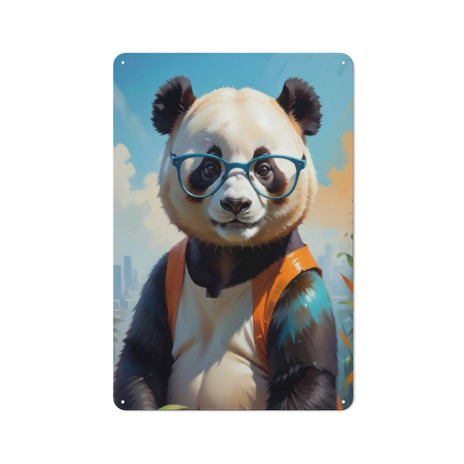 Junmoney Cute Panda Oil Painting Metal Wall Sign 30X20cm Featuring For Hallway Wall, Suited To Wall Display Collectors