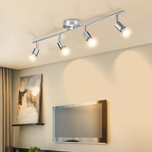 Bojim 4 Way LED Ceiling Light, LED Spotlight Rotatable for Kitchen Bedroom Living Room, Ceiling Light Fitting, Matt Nickel Design, 4 x GU10 6W 550lm 2700K Warm White IP20 220V-240V LED Ceiling Lamp