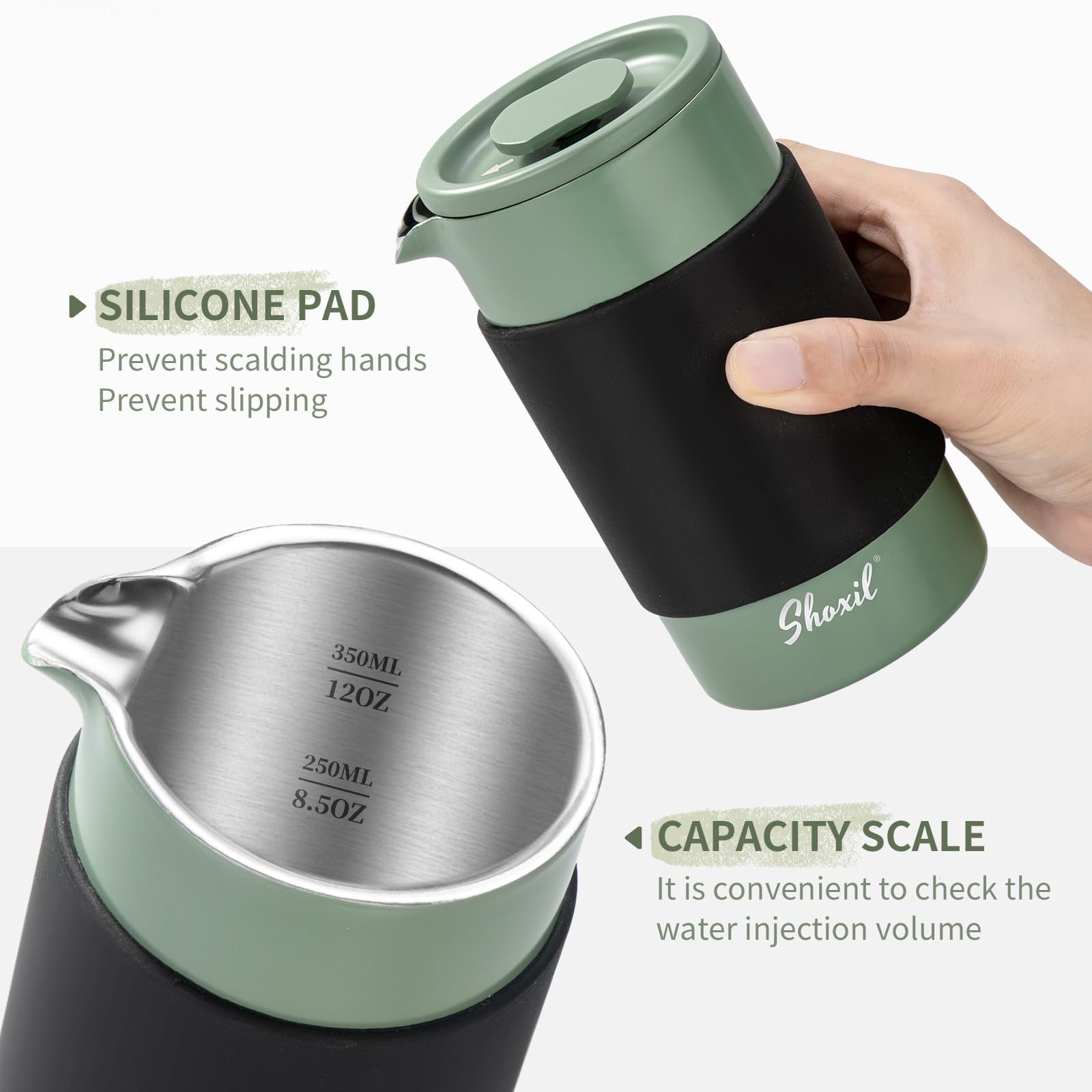 French Press Thermo – 350ml Stainless Steel Coffee Press, 2 Cup Cafetiere for Ground Coffee, Portable French Press