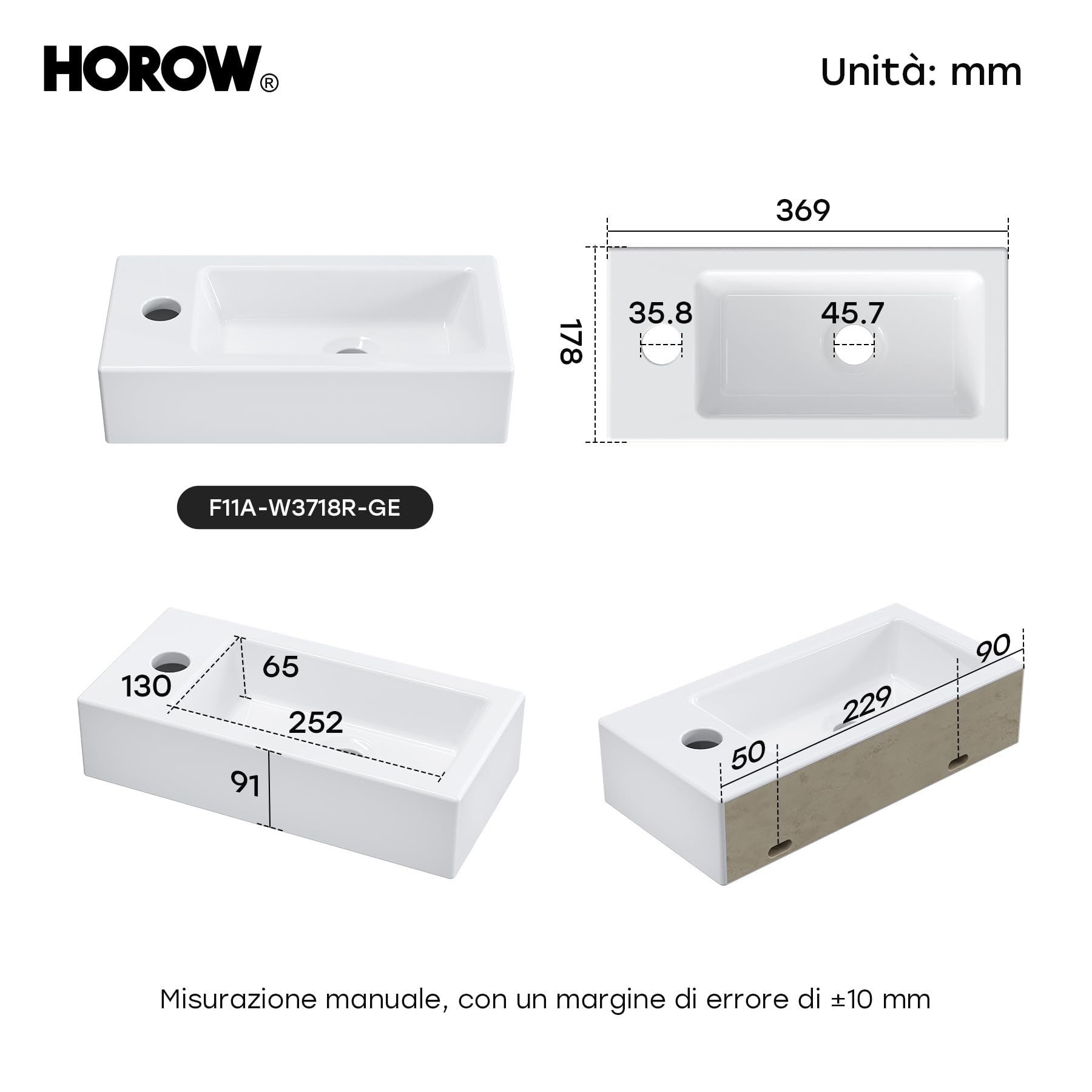 HOROW lavatoio ceramica bianca rettangolare, compatto lavandino piccolo bagno, lavabo bagno sospeso, con 1 foro per rubinetto a sinistra, 370x180x90 MM