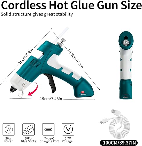 Miniatura 2 de Pistola de pegamento caliente inalámbrica de 20 W, pistola de pegamento con 30 barras de pegamento, pistola de precalentamiento rápido con cargador