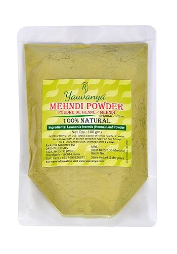 Yauvanya Henna india pura y natural original (Mehndi) para cabello - 3.53 oz | Henna rajastán | Color natural del cabello | Vegano | Libre de PPD |
