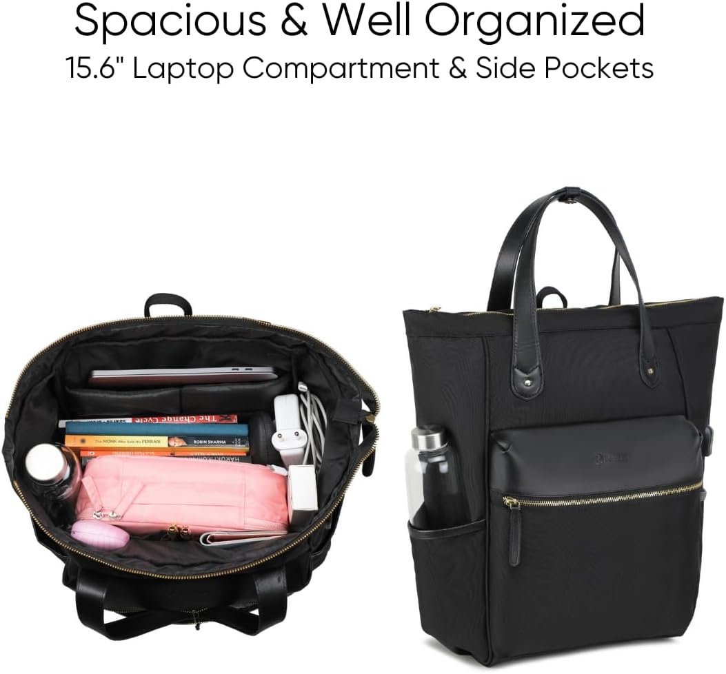 RASHKI BRIA - Women’s Tote & Convertible Backpack | 15.6" Laptop Bag | Stylish Work, Office & Travel Bag | Vegan Leather (Black)