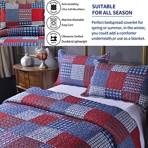 Jessy Home Plaid Quilt Set Queen Bedspreads Coverlet Set Red Blue White Patchwork Queen Size Quilt Set Bedding Soft Lightweight Quilts Coverlet Country Reversible Quilt Bed Spread With 2 Pillow Shams #TOP5