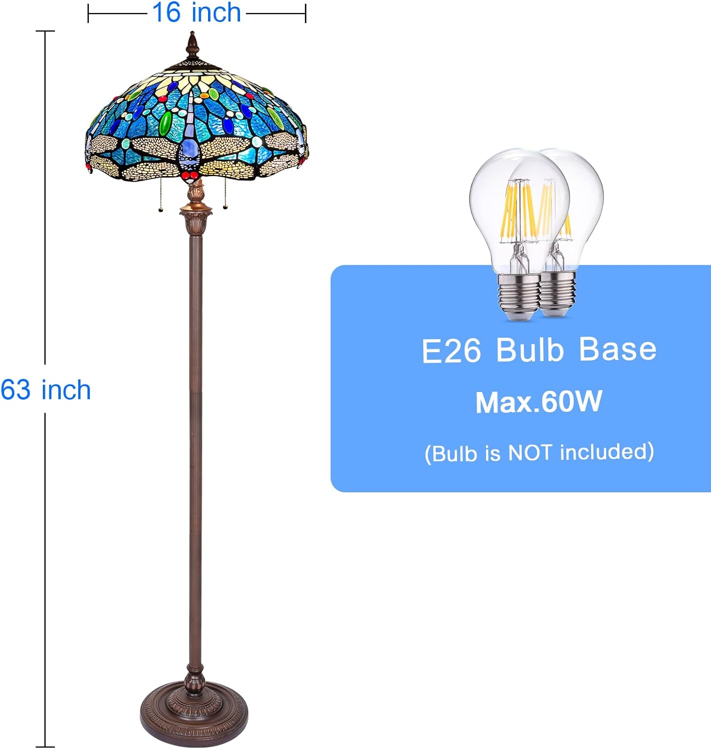Capulina Tiffany Lamp Stained Glass Floor Lamp 2-Light 63 Inches Tall Industrial Dark Bronze Pole Sea Blue Dragonfly Tiffany Style Standing Lamp for Living Room Bedroom Home Office