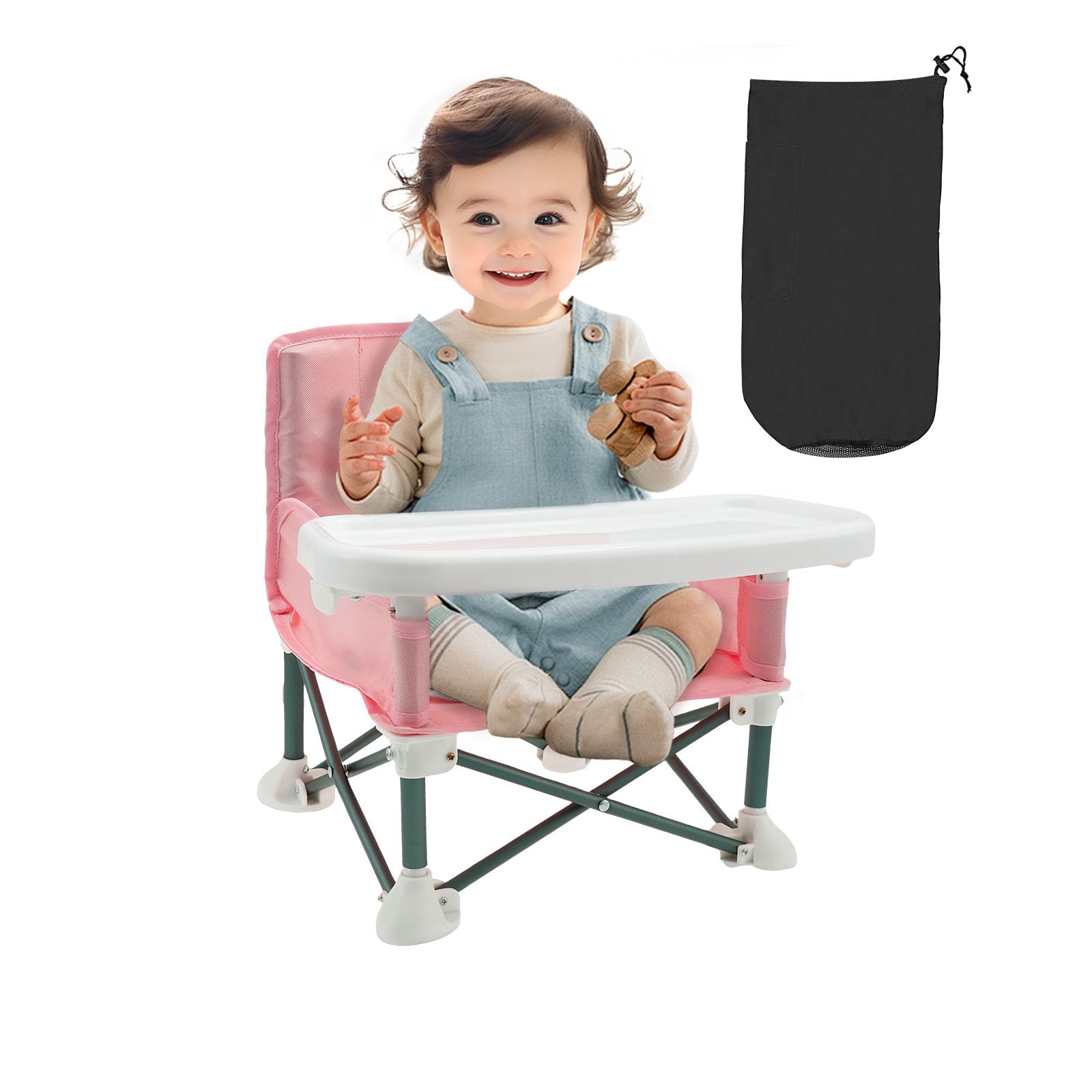 Foldable Baby Outdoor Chair with Removable Tray,Baby Floor Seat with Child Safety Belt and Rear Storage Portable Booster Feeding Chair for Children Toddlers Infants(Pink)
