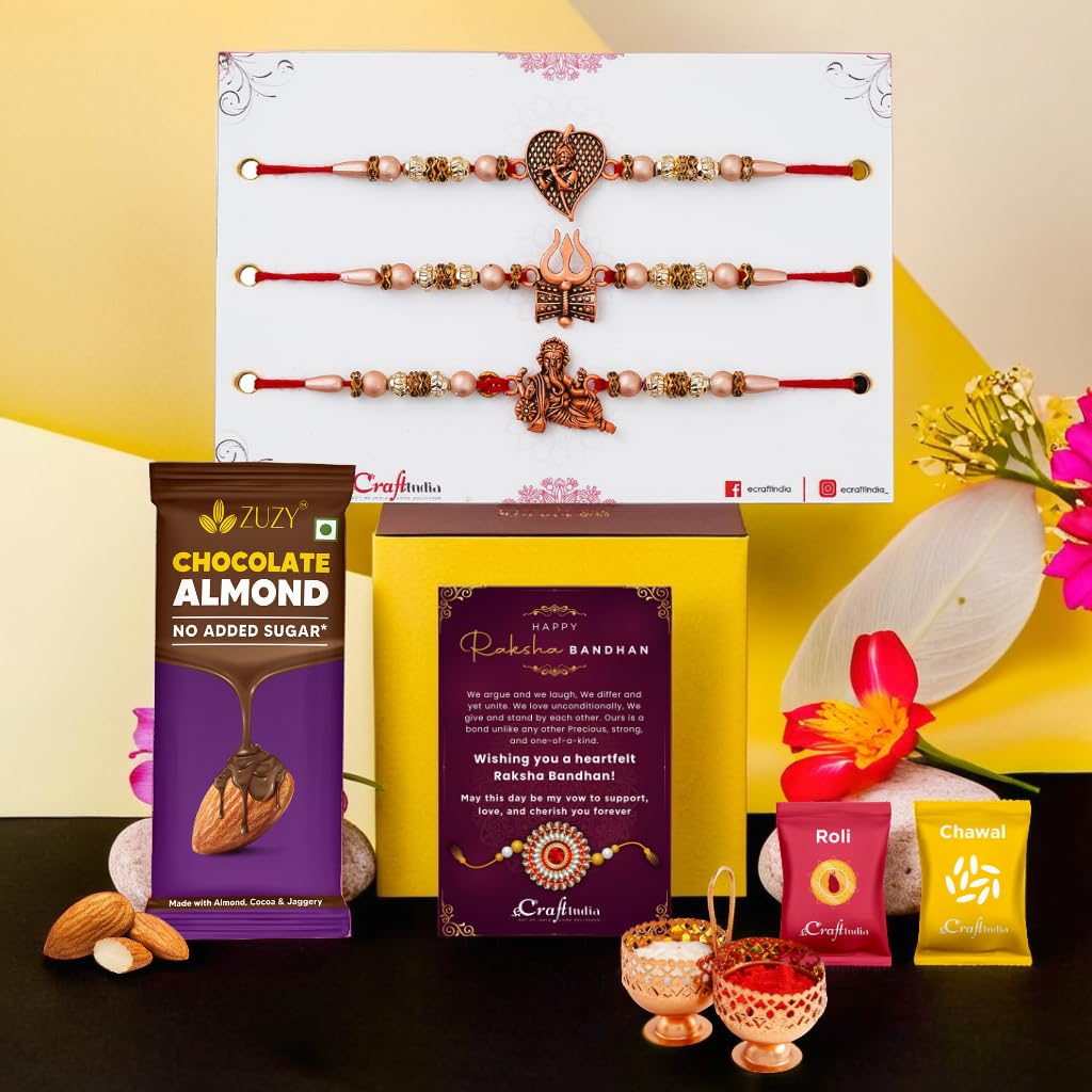 eCraftIndia Set of 3 Rakhi For Brother With Chocolate | Trishul Damru Ganesha Krishna Playing Flute Designer Rakhis for Brother Bhaiya Bhai Kids | Rakhi With Chocolate Almond | Card | Roli Chawal