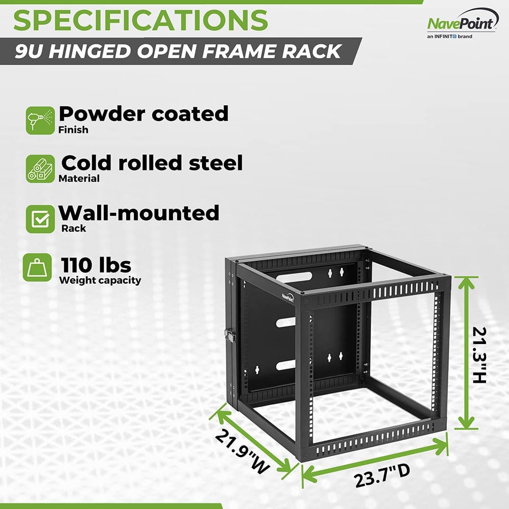 NavePoint 9U Wall Mount Server Rack with Hinged Back, 4-Post 24” Deep, Rear Swing Frame 9U Network Rack Wall Mount for 19 Inch Equipment AV IT Easy Cable Management, Black