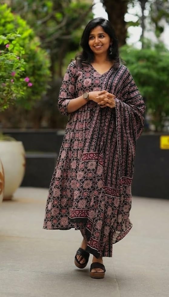 Image of Nermosa Women Printed Cotton Anarkali Kurta and Pant with Dupatta | Printed Kurta Set | Cotton Kurta Set | Summer Office Wear |