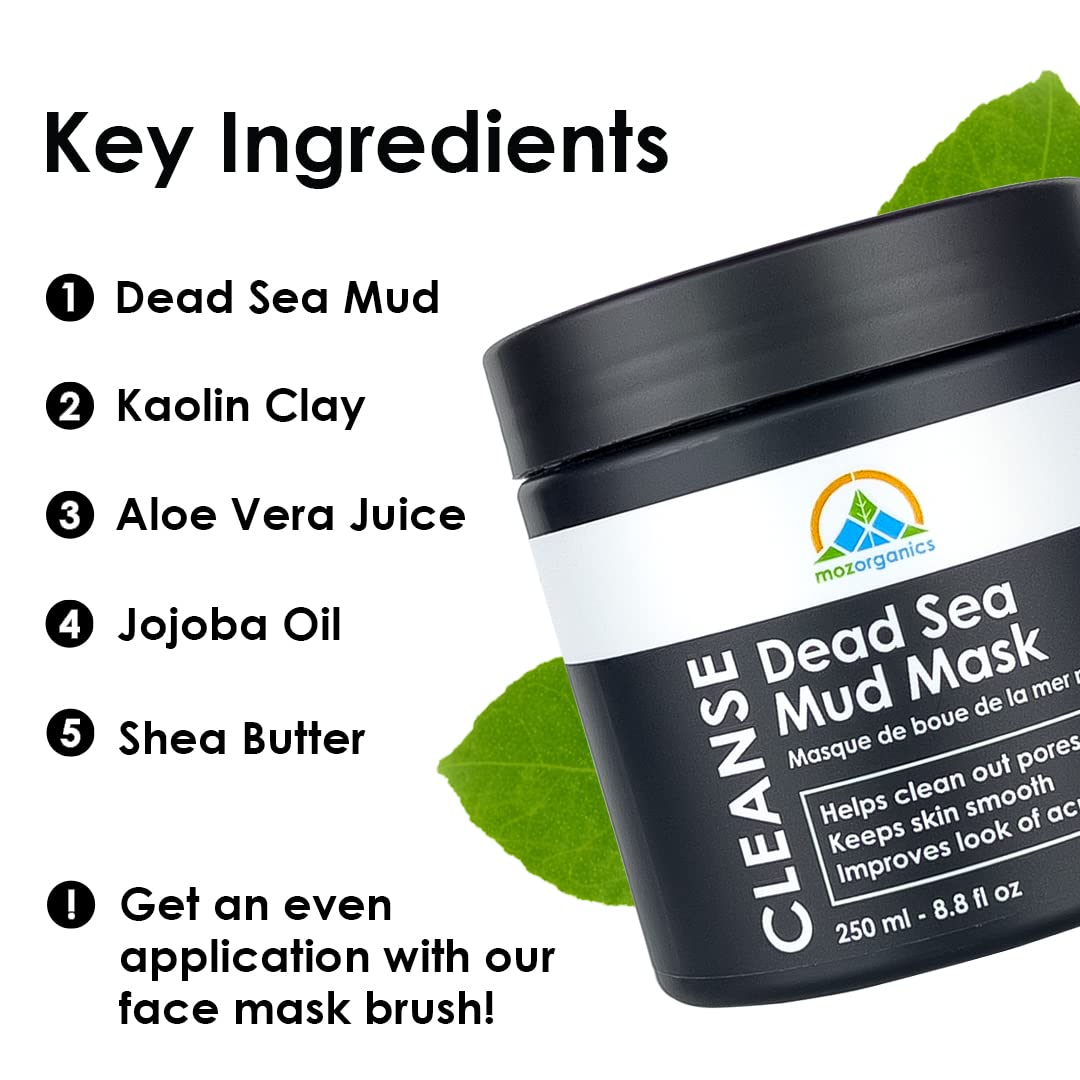 Dead Sea Mud Mask for Face and Body - Best Facial Cleansing Clay for Blackheads, Whiteheads, Acne and Clogged Pores | Hydrates Skin & Improves Oily Skin (250g./8.8oz.) (+Brush)