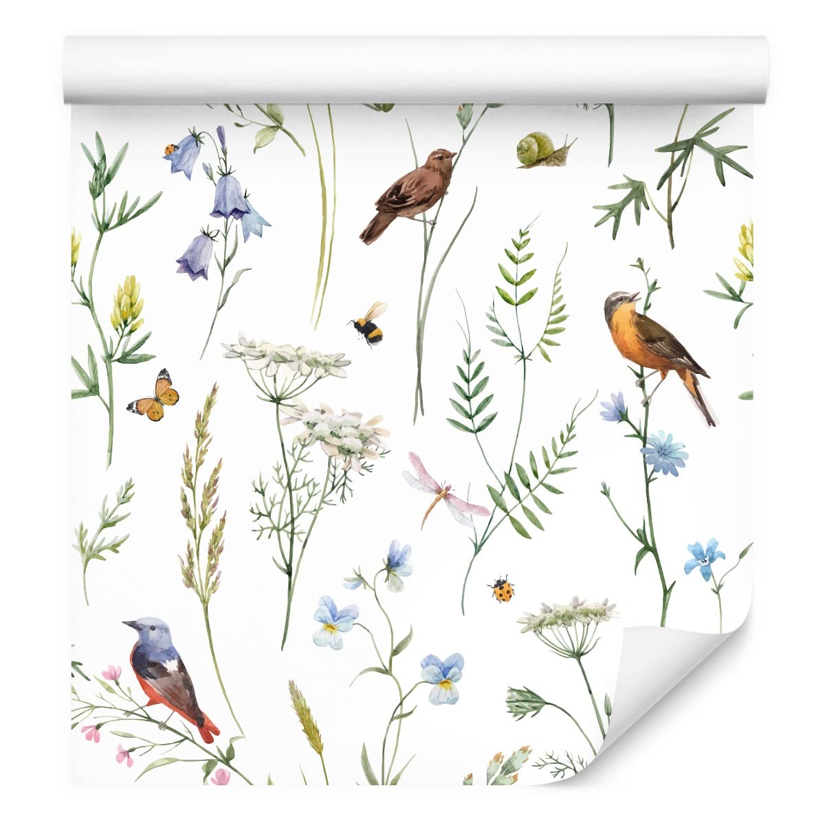 Muralo Tapeta z włókniny, 10 m, rolki, ptaki, kwiaty, liście, owady, natura, dekoracja XXL, tapeta z włókniny, 1000 x 53 cm, tapeta ścienna, do jadalni, salonu, sypialni, nowoczesny wzór, dekoracja