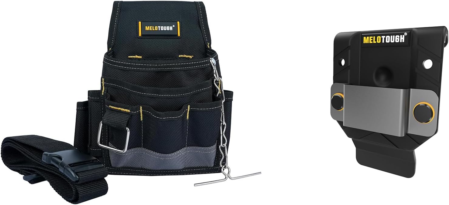 MELOTOUGH Electrician Tool Pouch with Belt Clip, Electrical Tape Chain, Multiple Pockets Tool Organizer, Black Tape Measure Holder for Tool Belt