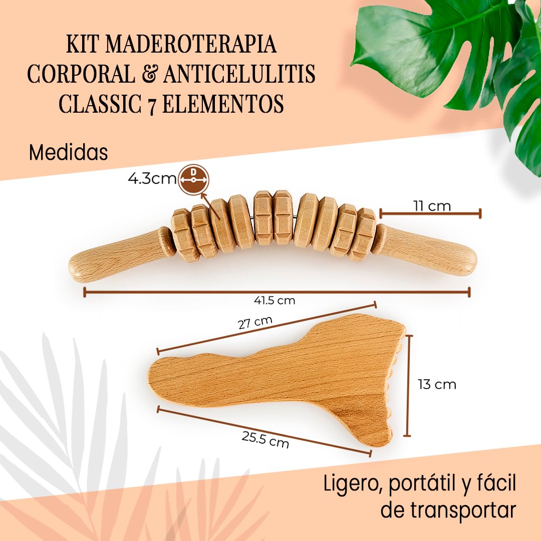 Zestaw do ciała i antycellulitowy 7 elementów Classic |Maderoterapia | Wykonane z drewna sosnowego i naturalnego lotosu I Zaprojektowany przez Estetyczną Maderoterapię Hiszpania | Zawiera kurs DVD