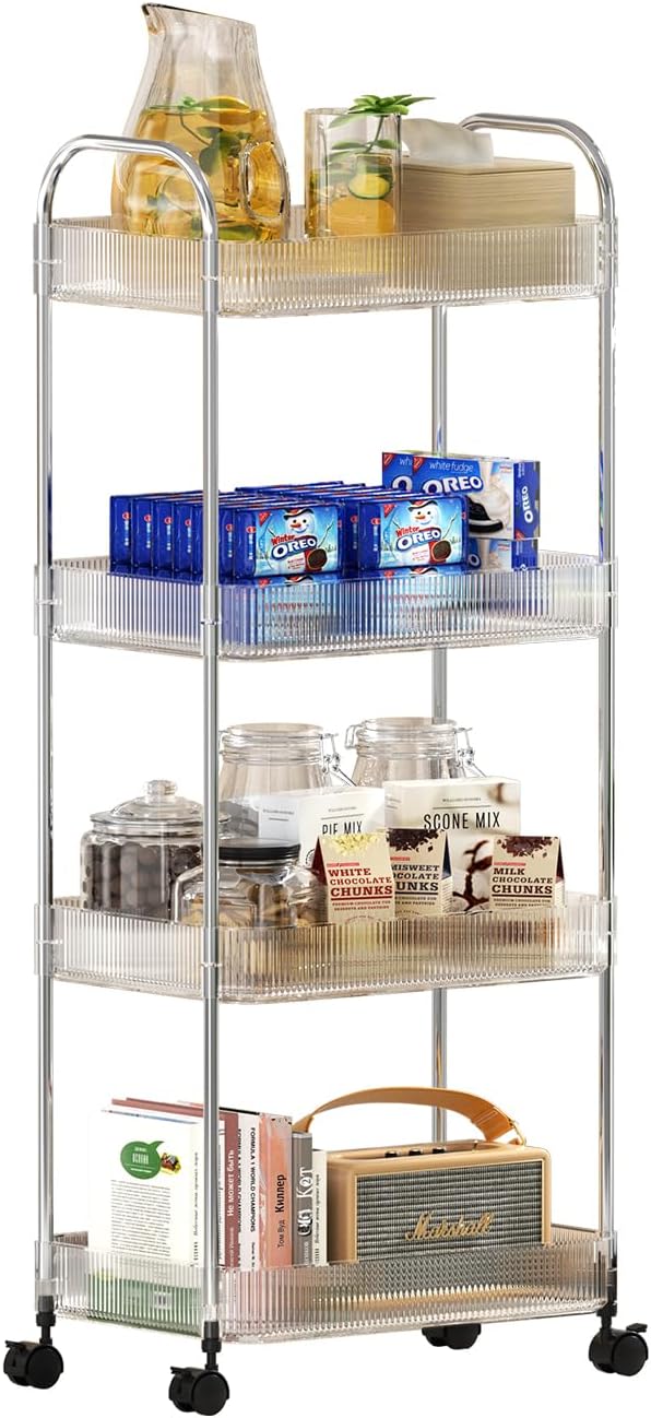 4-Tier Rolling Utility Cart with Handle and Lockable Wheels,Multifunctional Storage Shelves for Office,Bathroom,Kitchen,Movable Storage Organizer