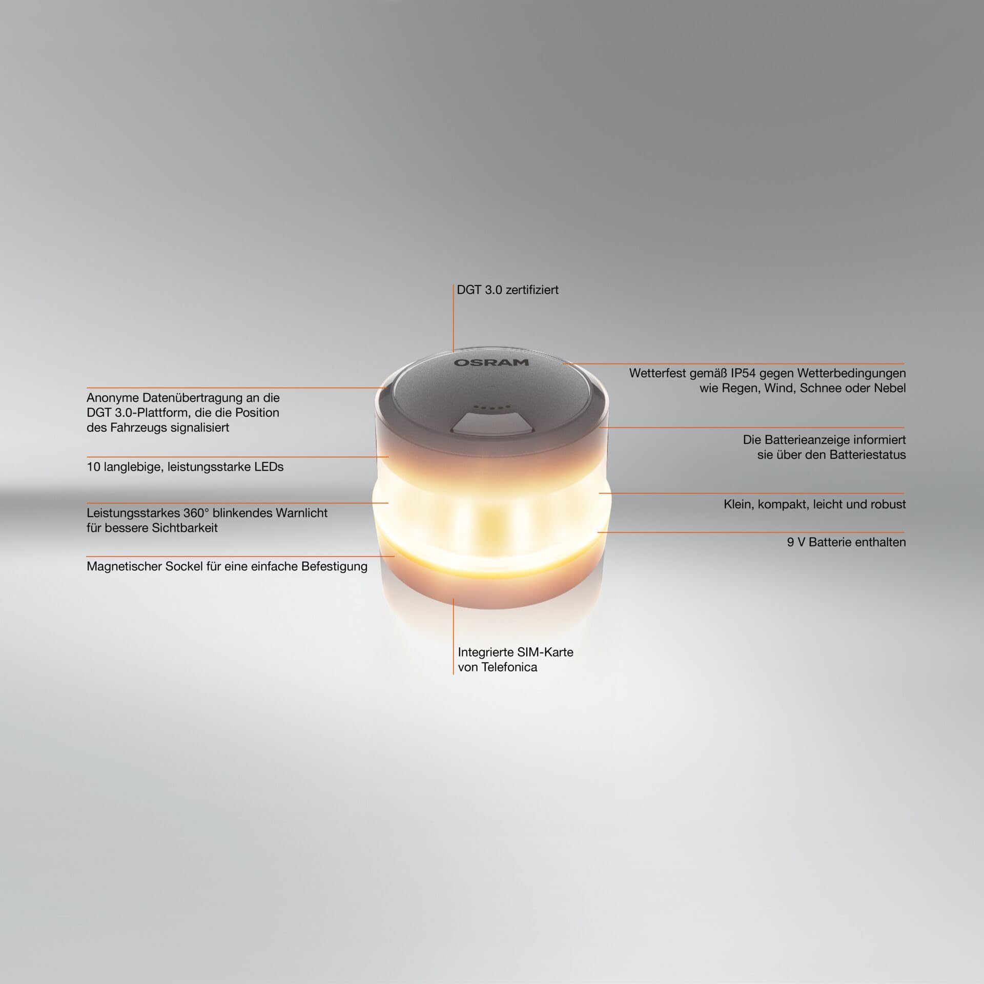 Osram LEDguardian Road Flare Signal V16 IoT, DGT 3.0 zertifizierte LED-Warnleuchte, Verwendung in Spanien vorgeschrieben, 1900K, Echtzeit-Lokalisierung