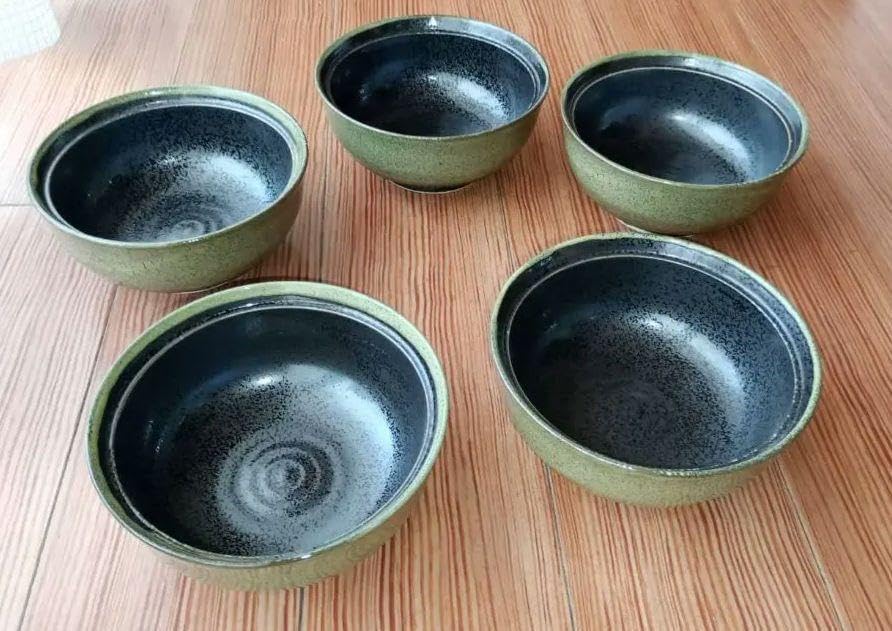 陶器製 丼 5個セット 黒と緑