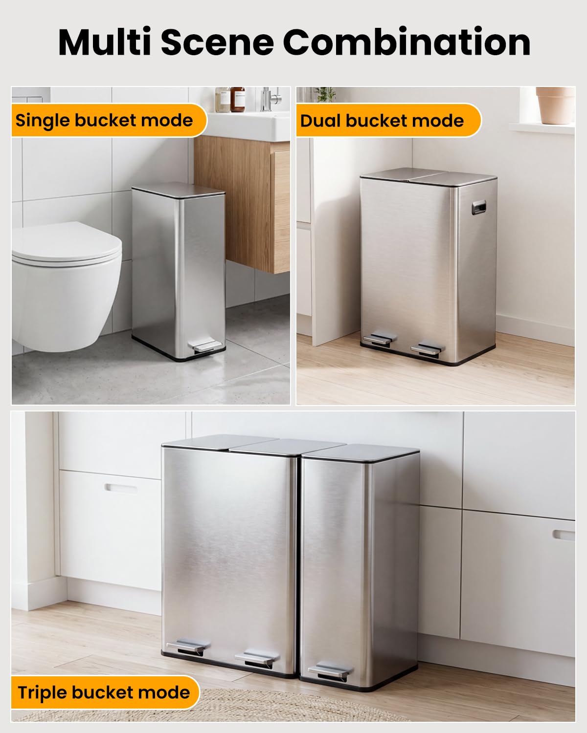 YEAUPE PRO Cubo de basura de cocina de 20 + 40 litros, cubo de basura de 3 compartimentos para reciclaje y residuos, tapas de cierre suave, pedales, cubos interiores, cubo de basura con pedal de acero