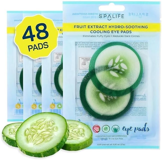 SpaLife Cooling Cucumber Eye Pads | Spa Gifts & Korean Dark Circles & Puffy Eyes Treatment | Nourishing Cucumber Eye Pads | Eye Mask for Puffy Eyes Daily Depuffing Eye Patches | 4 Packs of 12