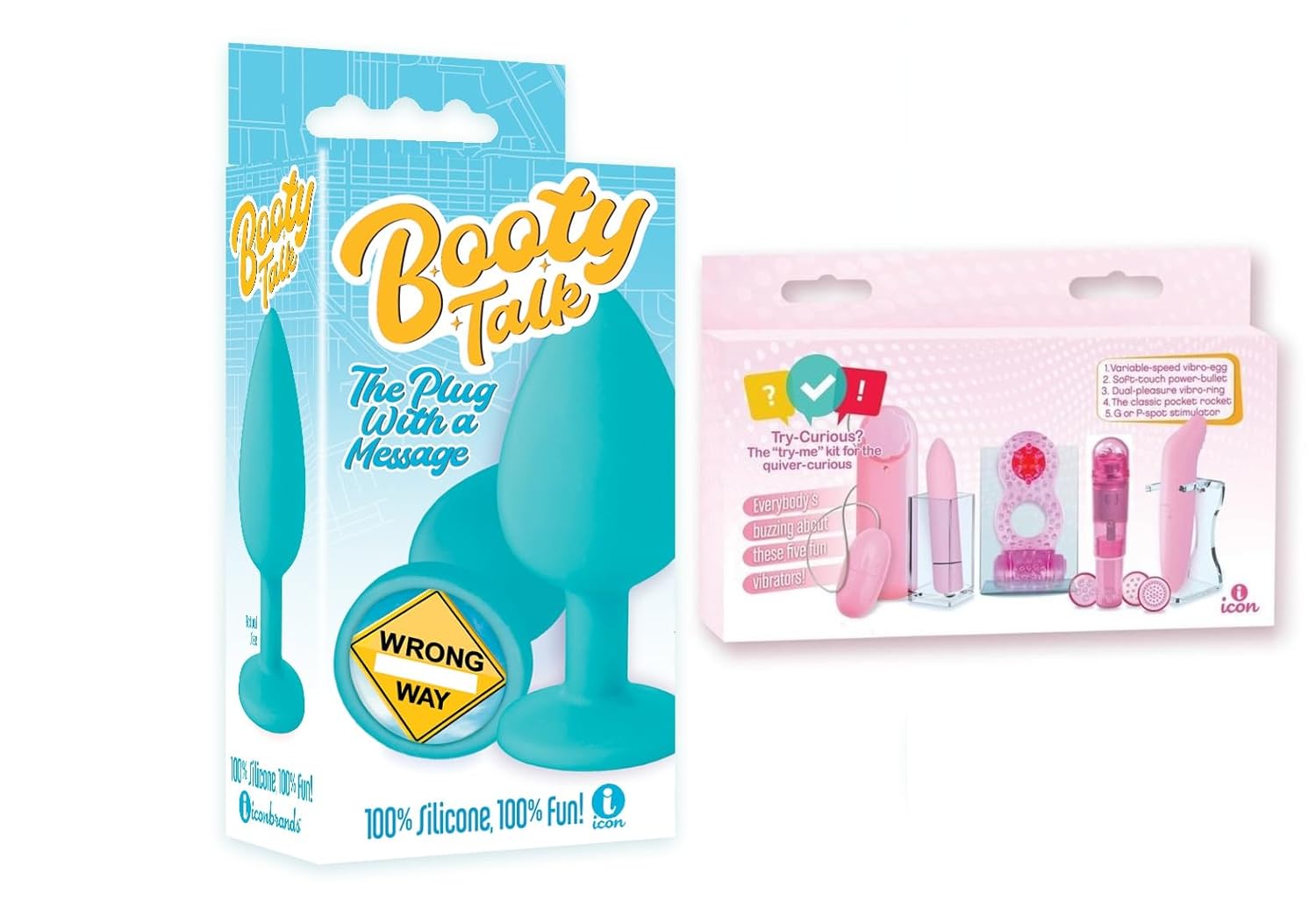 Conjunto de Brinquedos Sexuais para Casais Booty Talk, Plug Anal de Silicone Azul, Wrong Way e Kit Curioso da Icon Brands - Rosa