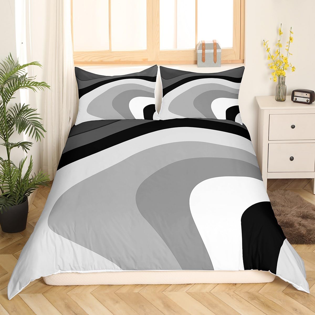 Modern Grey Black Striped Duvet Cover King, Geometric Comforter Cover for Kids Boys Girls Bedroom, Retro Circle Swirls Bedding Set, Abstract Texture Color Art Bedspread Cover with 2 Pillow Cases