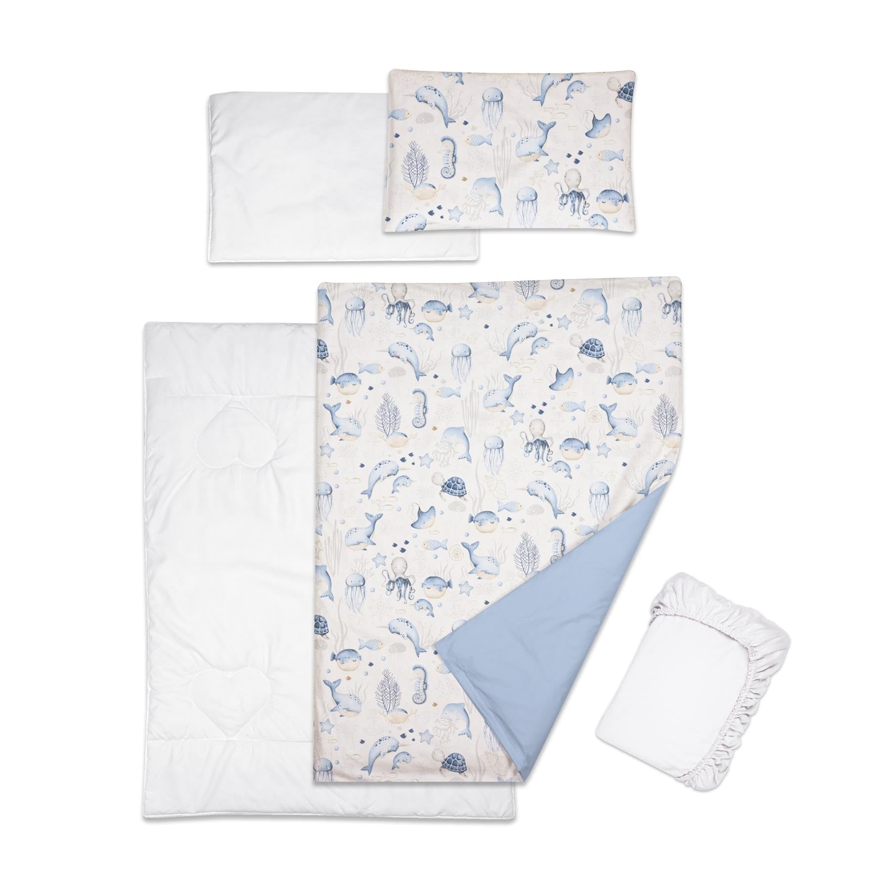 Baby Comfort 5 Piece Toddler Bedding Duvet Pillow with Covers & Jersey Sheet fits 120x60cm Cot Bed 12M+ (Ocean)