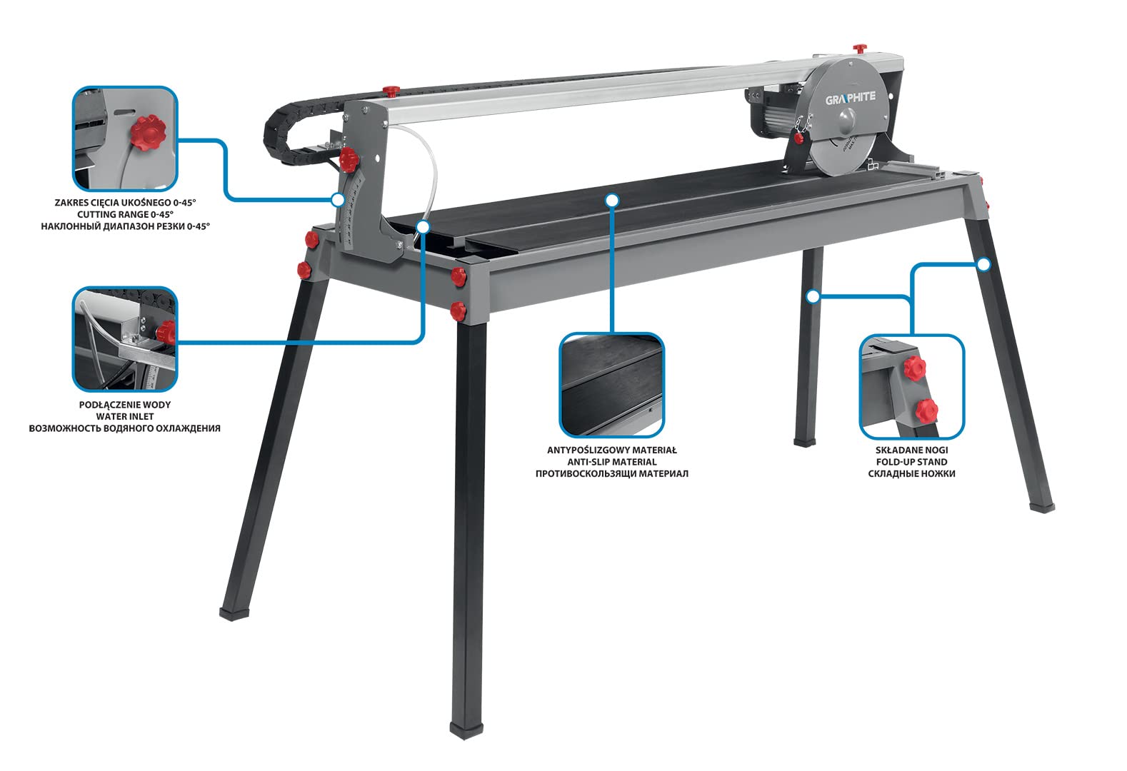 GRAPHITE Tagliapiastrelle e pietre da 1200 W, 230 x 25, area di taglio 1000 mm, lama: 230 mm x 25 mm, 2950 al minuto, profondità di taglio massima 90º/45º 43/37 mm