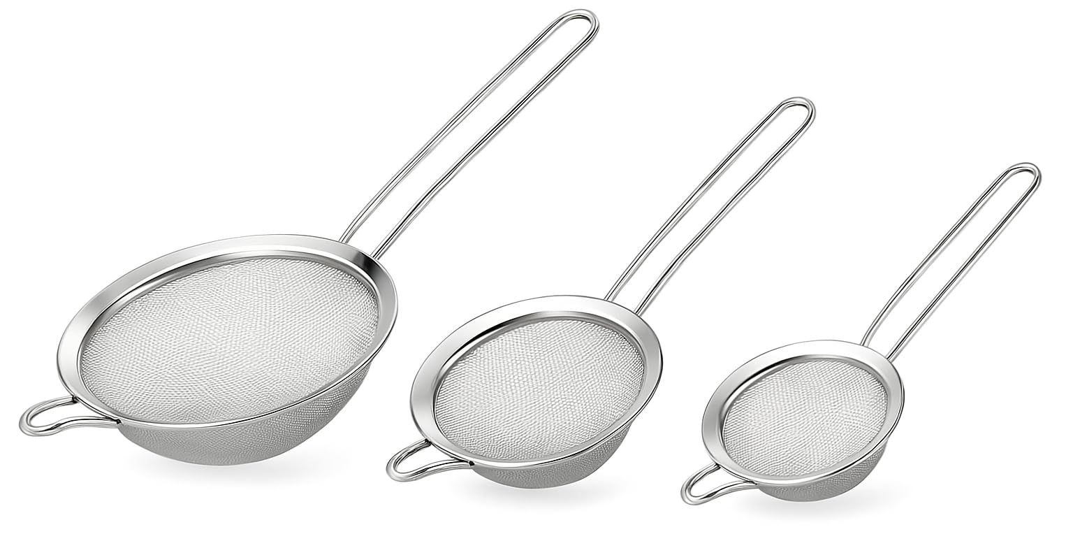 Stainless Steel Sieve Set – 3 Sizes (18cm, 12cm, 8cm) | Fine Mesh Strainer Set for Kitchen | Durable & Rust-Resistant | Hanging Hoop | Ideal for Sifting, Straining, Tea, Juices, Flour, and Sauces