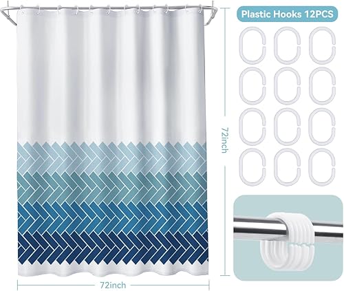 Miniatura 6 de Cortina de ducha geométrica azul ligera, lavable a máquina, parte inferior de poliéster con peso, 72 x 72 pulgadas, con 12 ojales y ganchos