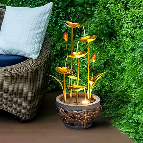 Flower Blossoms Garden Water Fountain W/Light Waterfall Yellow Modern Contemporary Metal Polyresin #TOP1