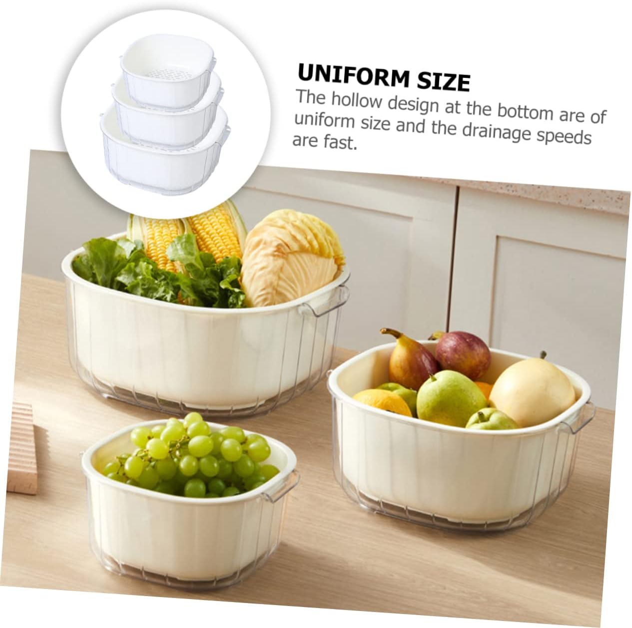 Mikinona 3pcs Portable Vegetable Washing Basket Double Layer Strainer for Efficient Food Drainage Detachable Kitchen Colander Small Medium Large Easy to Use and Clean