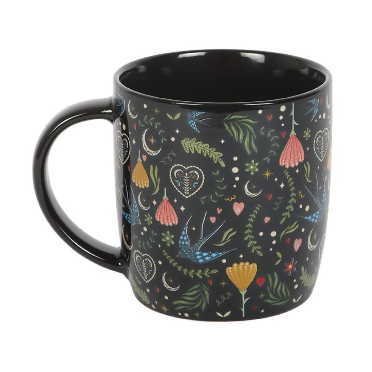 Black Midnight Bloom Mug | 350ml Ceramic Floral Drinkware | Folk-Inspired Boho Design | Microwave & Dishwasher Safe | Stylish for Tea or Coffee