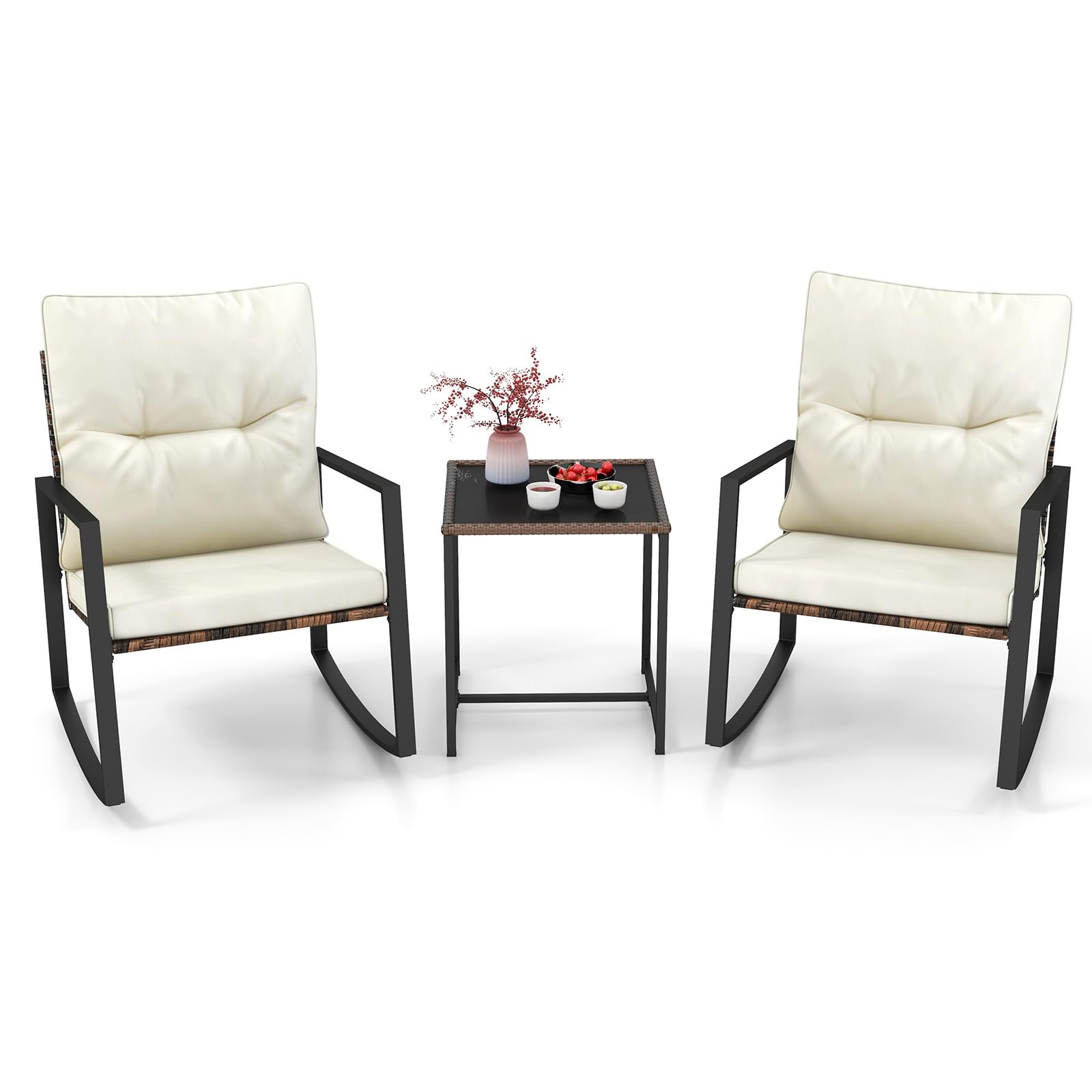 COSTWAY3-Piece Rocking Bistro Set, PE Rattan Furniture Set with 2 Rocker Chairs, End Table and Removable Cushions, Wicker Patio Conversation Sofa Table Set for Balcony Yard Poolside