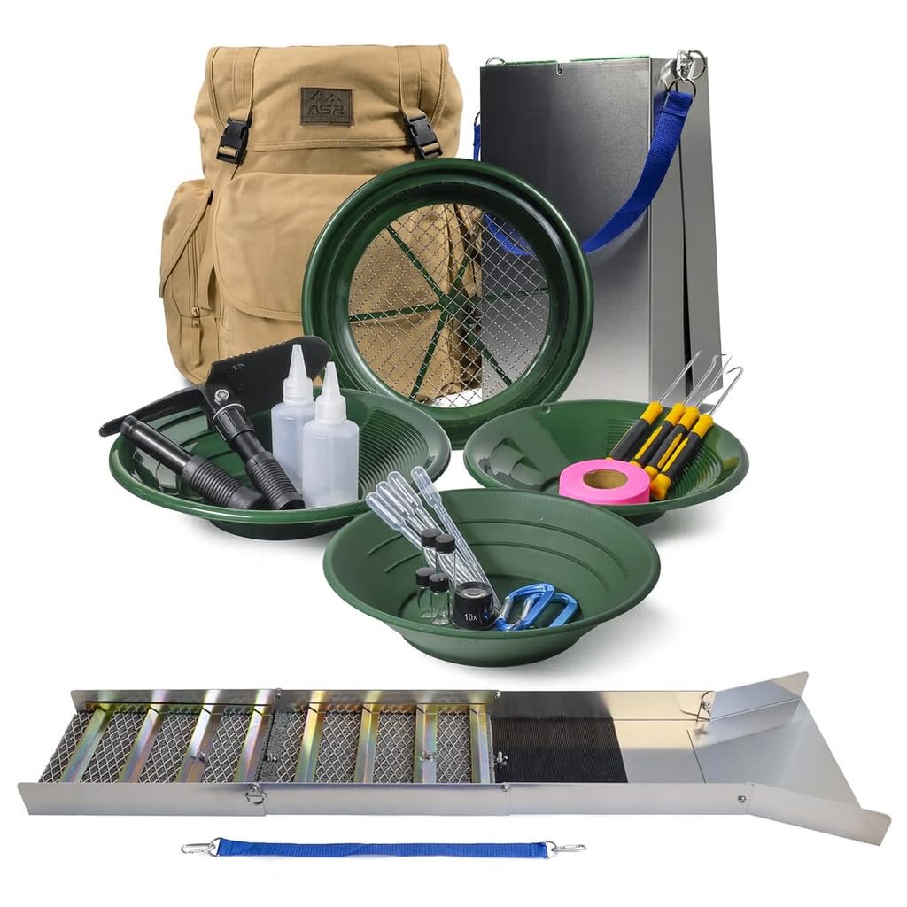 ASR Outdoor 24pc Deluxe 50" Backpack Folding Gold Sluice Box Kit Gold Prospecting Equipment Set, Khaki